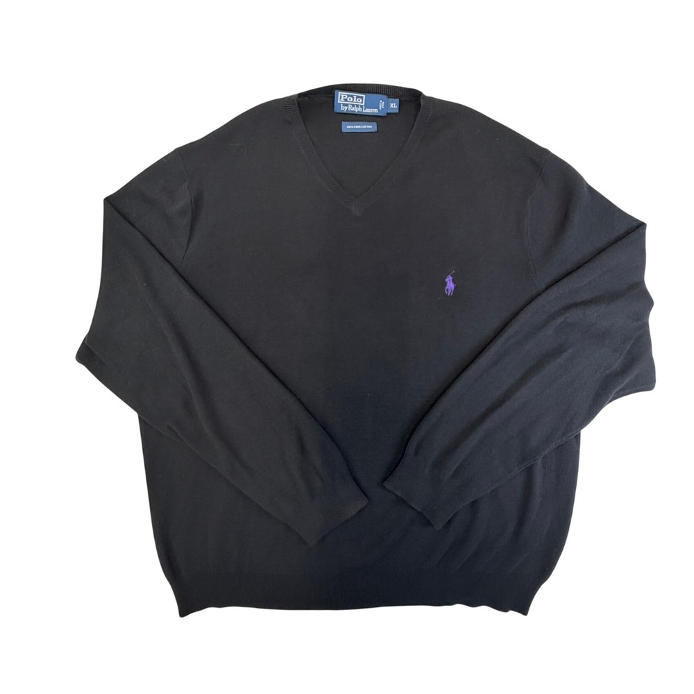 Polo Ralph Lauren Sweater Mens XL Black Pima Cotton V-Neck Purple Pony Logo